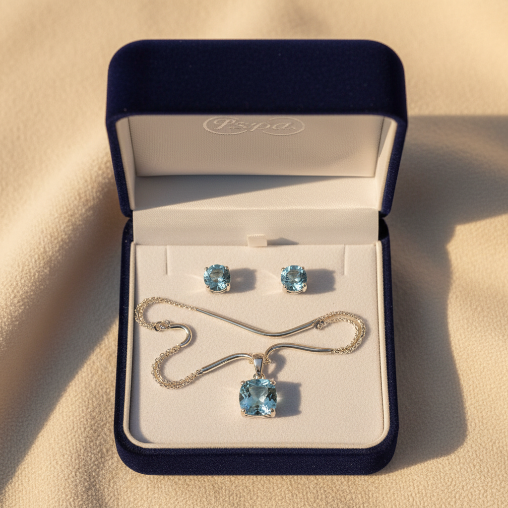 Flat lay of November birthstone topaz necklace and earring set in open gift box on cream surface