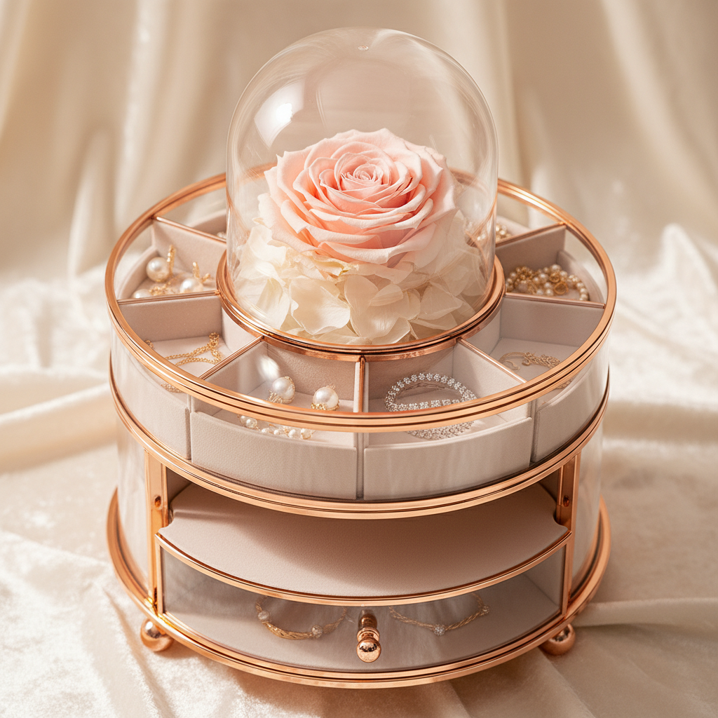 Rotating jewelry box with preserved eternal flower centerpiece in pink on cream background
