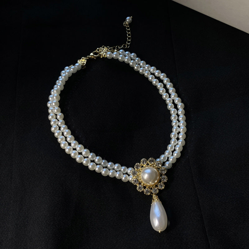 Pearl & Rhinestone Tassel Choker Necklace
