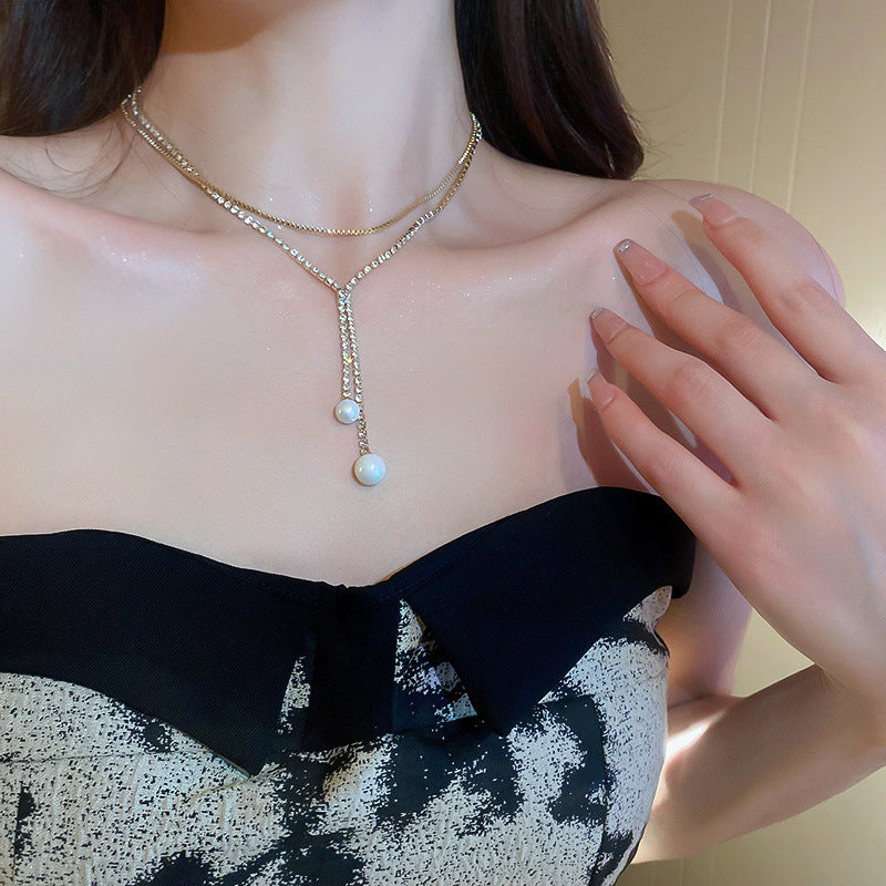 Pearl & Rhinestone Tassel Choker Necklace