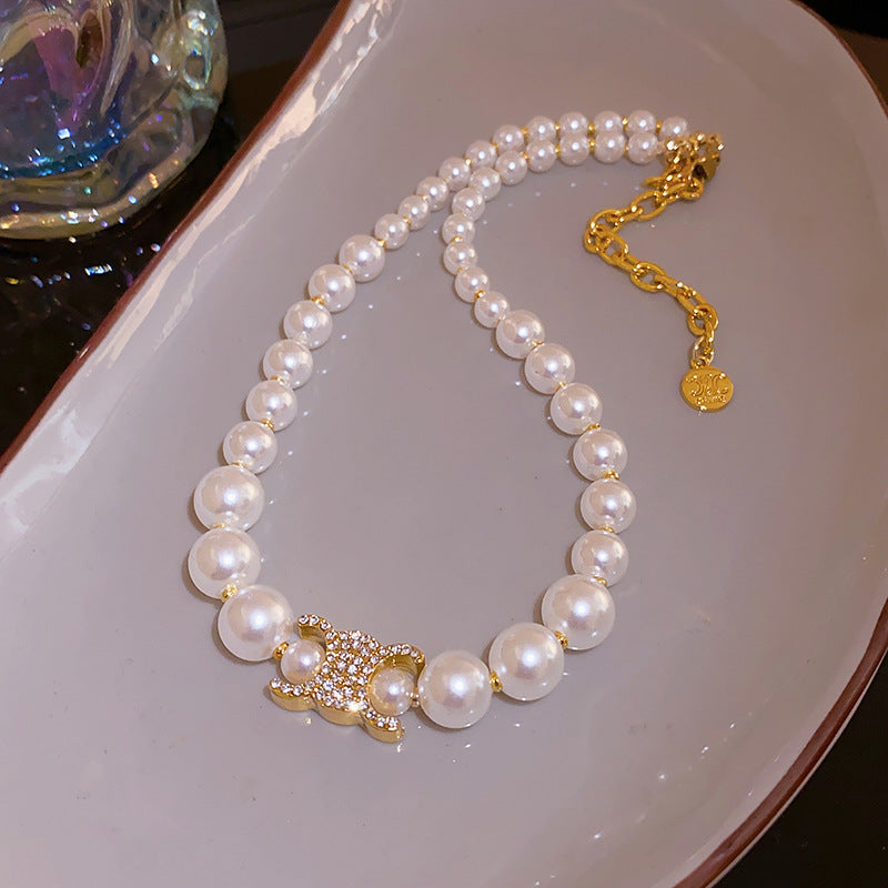 Pearl & Rhinestone Tassel Choker Necklace