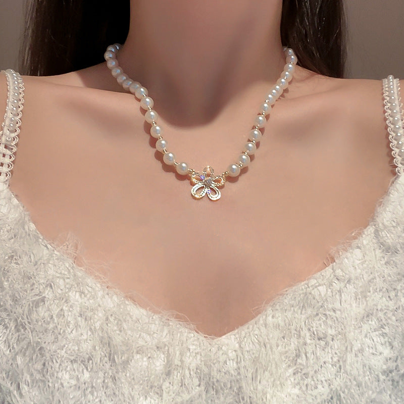 Pearl & Rhinestone Tassel Choker Necklace