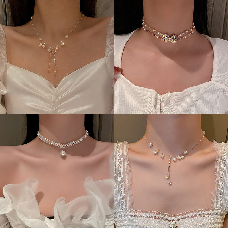 Pearl & Rhinestone Tassel Choker Necklace