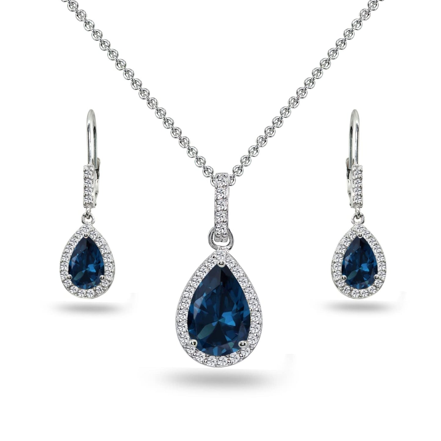 Blue Topaz Teardrop Halo Jewelry Set | 925 Silver Necklace & Earrings