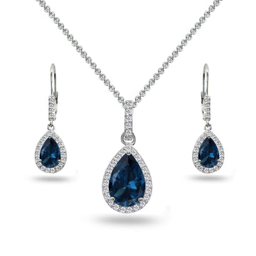 London Blue Topaz Teardrop Halo Jewelry Set | 925 Silver Necklace & Earrings