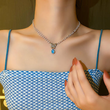 Pearl & Rhinestone Tassel Choker Necklace