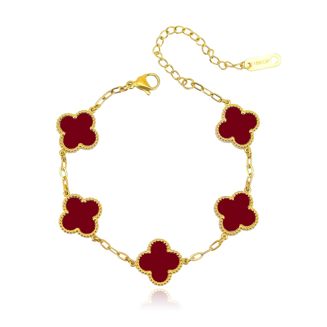 14K gold plated lucky four leaf clover charm bracelet in red on cream background