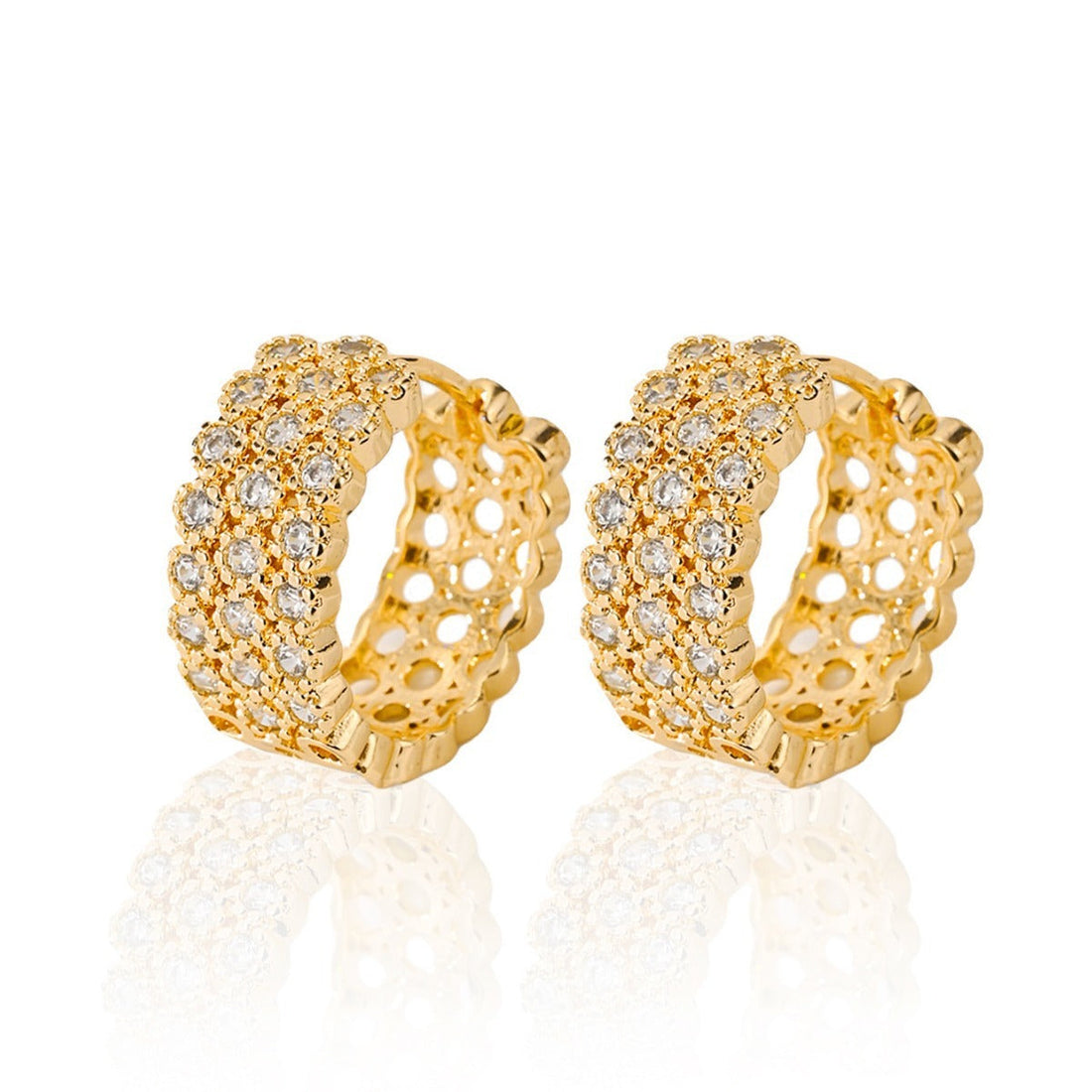 Gold-plated pave huggie hoop earrings with three rows of clear stones