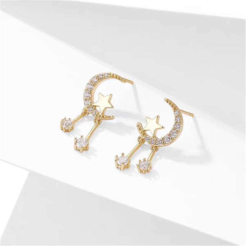 Silver Moon & Star Stud Earrings – Minimalist Zircon Celestial Earrings