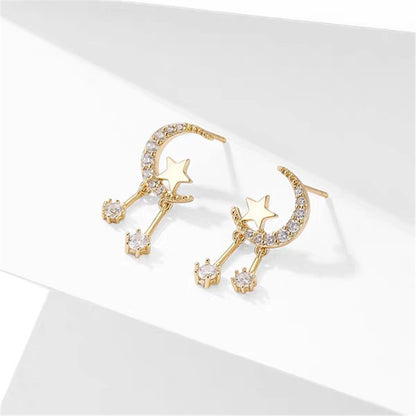 Silver Moon & Star Stud Earrings – Minimalist Zircon Celestial Earrings