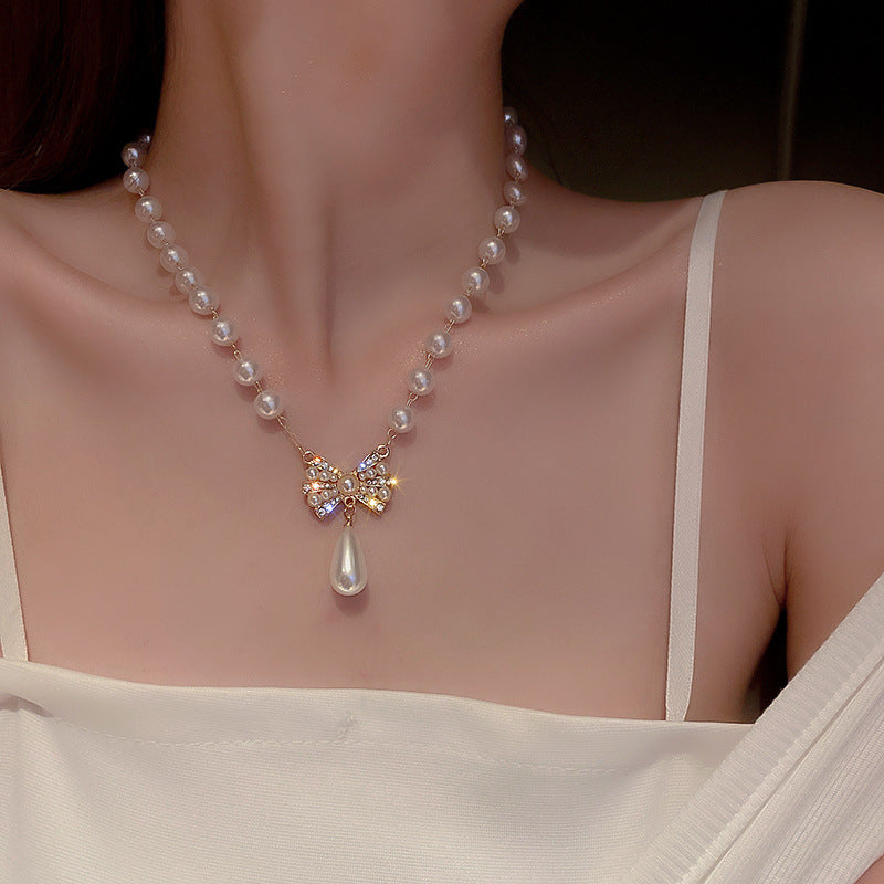 Pearl & Rhinestone Tassel Choker Necklace