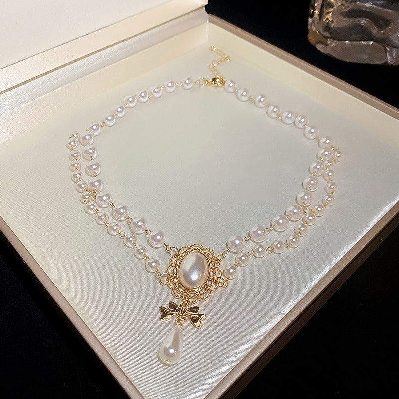 Pearl & Rhinestone Tassel Choker Necklace