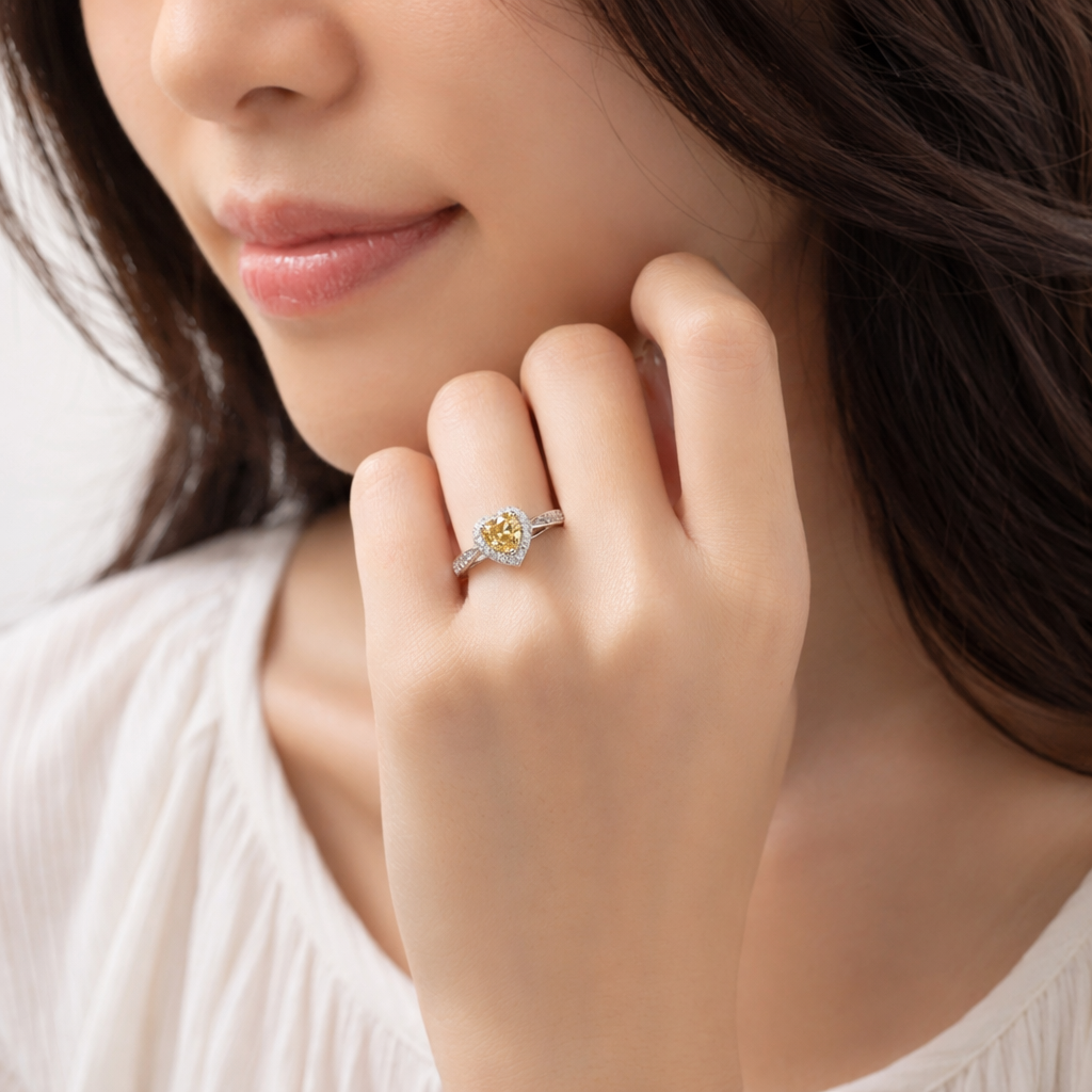 Heart halo ring in 925 sterling silver, angled view