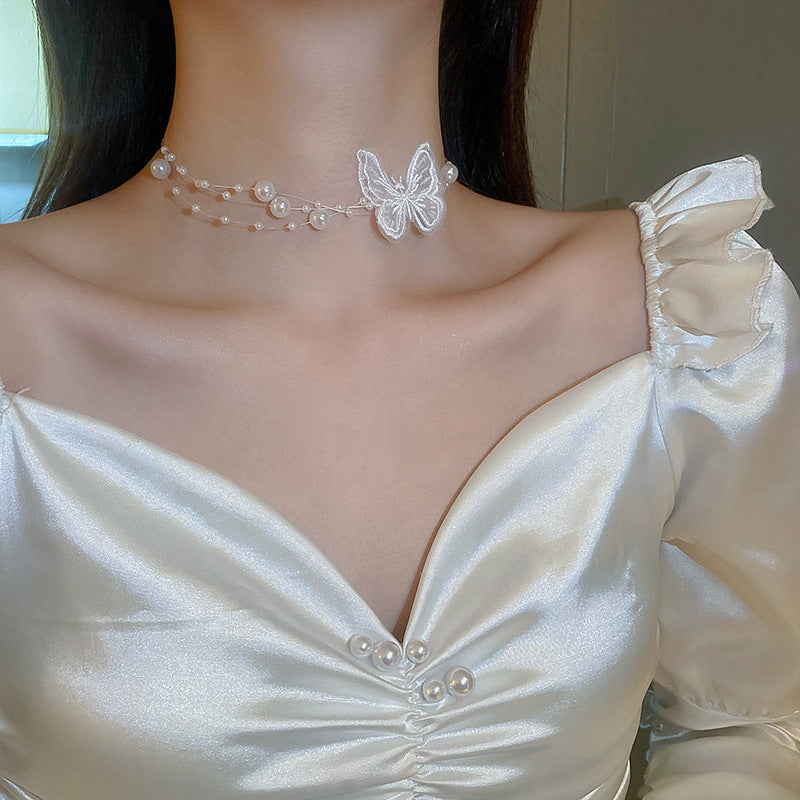 Pearl & Rhinestone Tassel Choker Necklace
