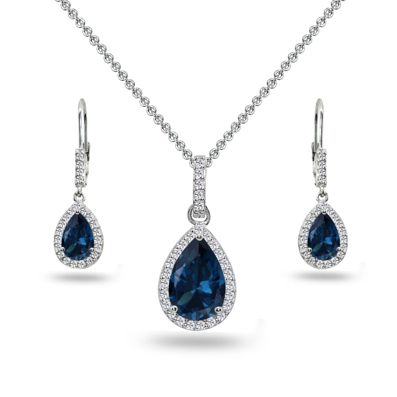 London Blue Topaz Teardrop Halo Jewelry Set | 925 Silver Necklace & Earrings