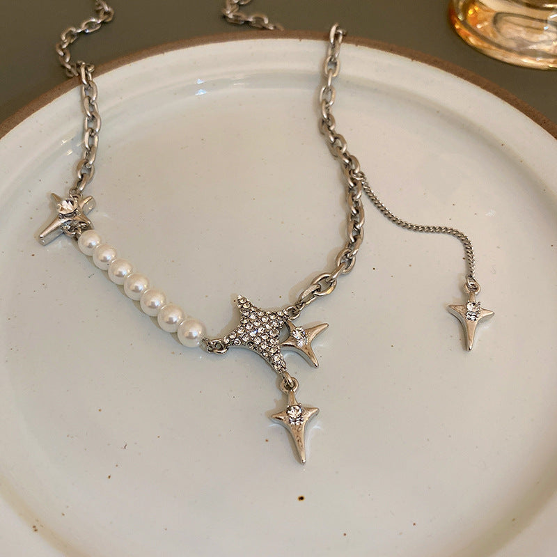 Pearl & Rhinestone Tassel Choker Necklace