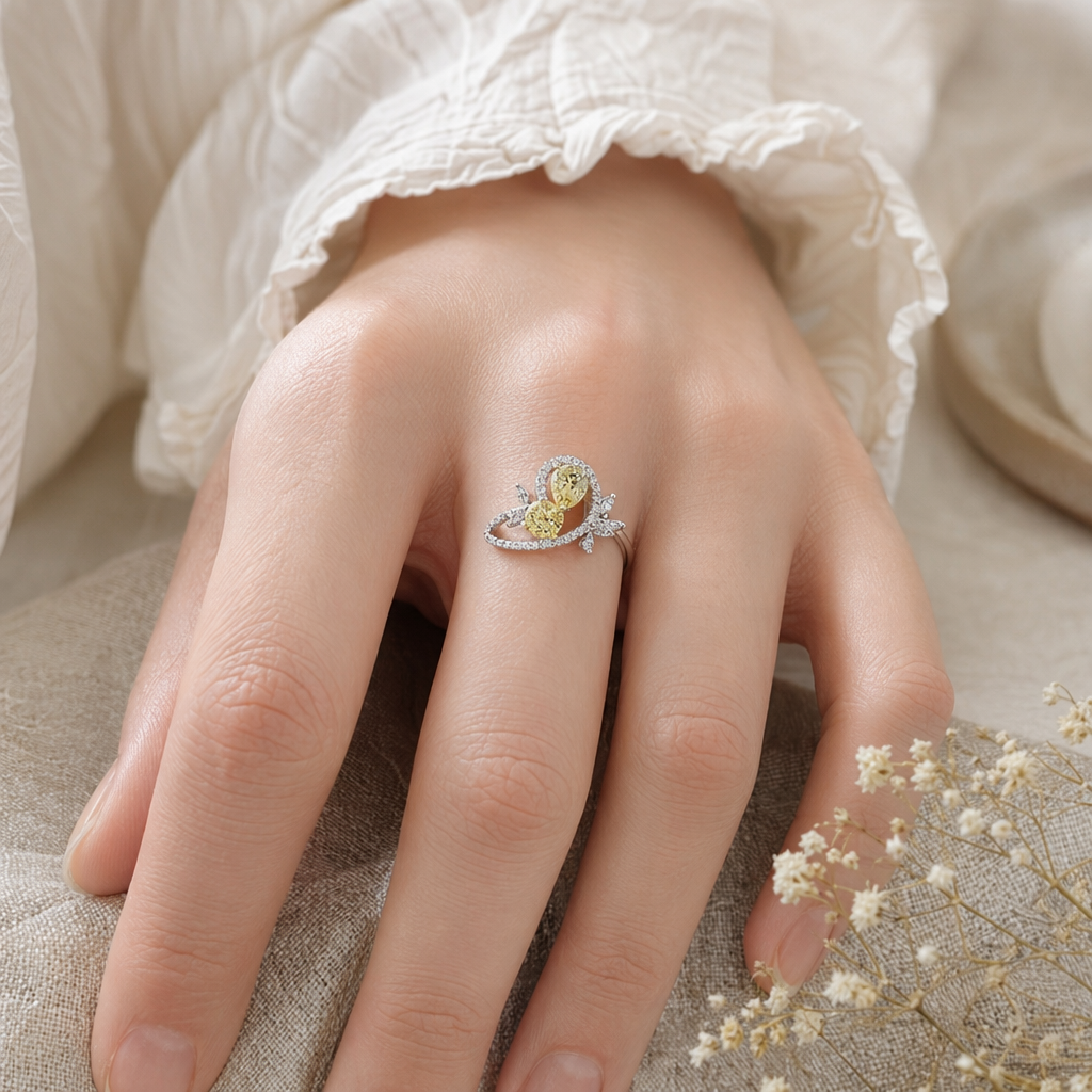 Yellow cubic zirconia floral statement ring in 925 sterling silver, angled view