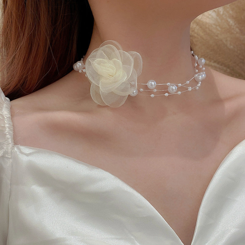 Pearl & Rhinestone Tassel Choker Necklace