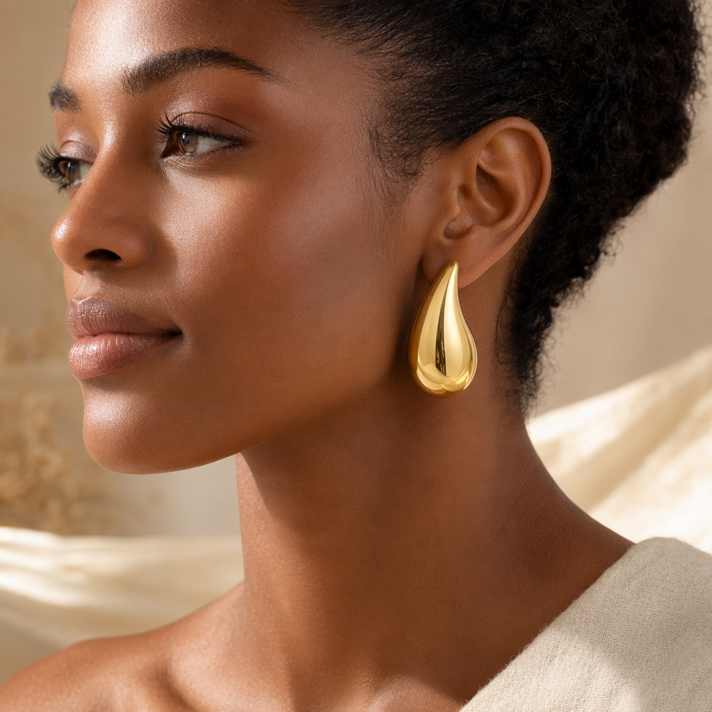 Oversized gold-tone brass teardrop earrings – side view