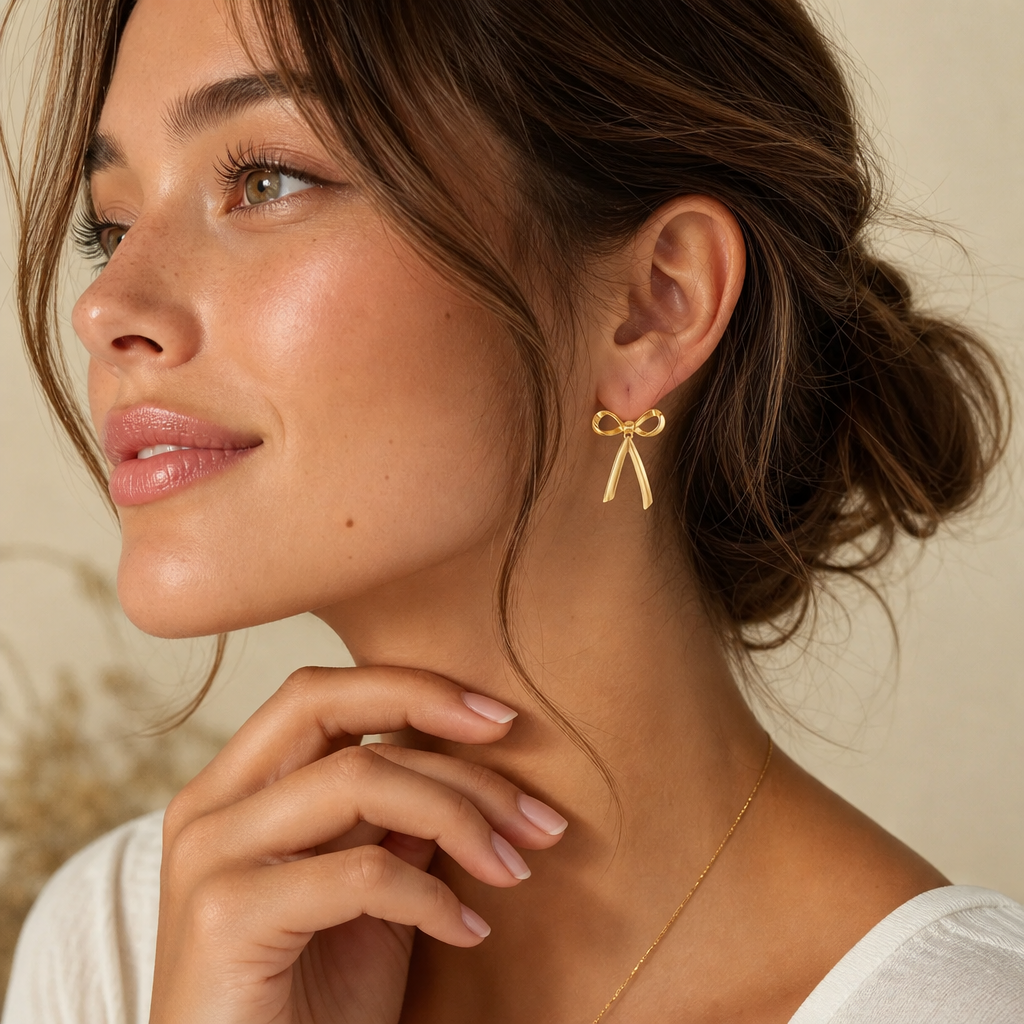 Gold-plated bow earrings with simulated pearl dangles