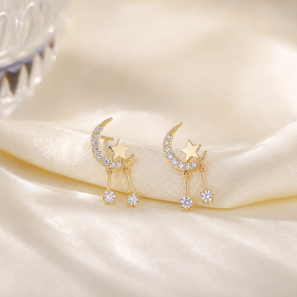 Silver Moon & Star Stud Earrings – Minimalist Zircon Celestial Earrings