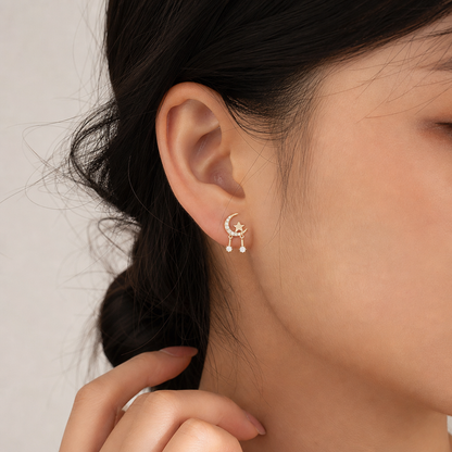 Silver Moon & Star Stud Earrings – Minimalist Zircon Celestial Earrings