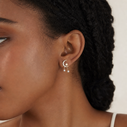Silver Moon & Star Stud Earrings – Minimalist Zircon Celestial Earrings