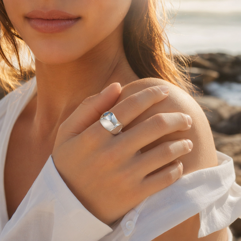 Chunky wide band stainless steel ring in silver – view 6