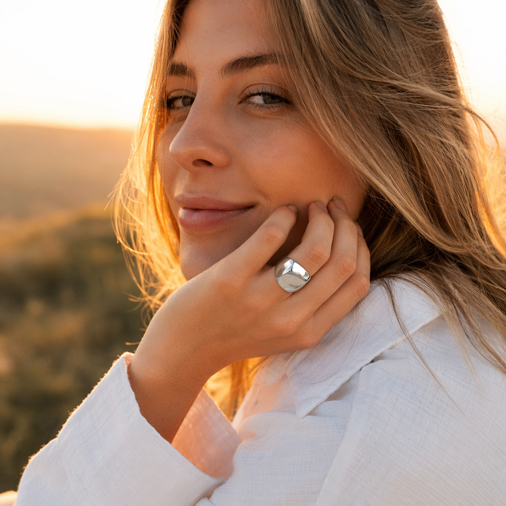 Chunky wide band stainless steel ring in silver – view 3