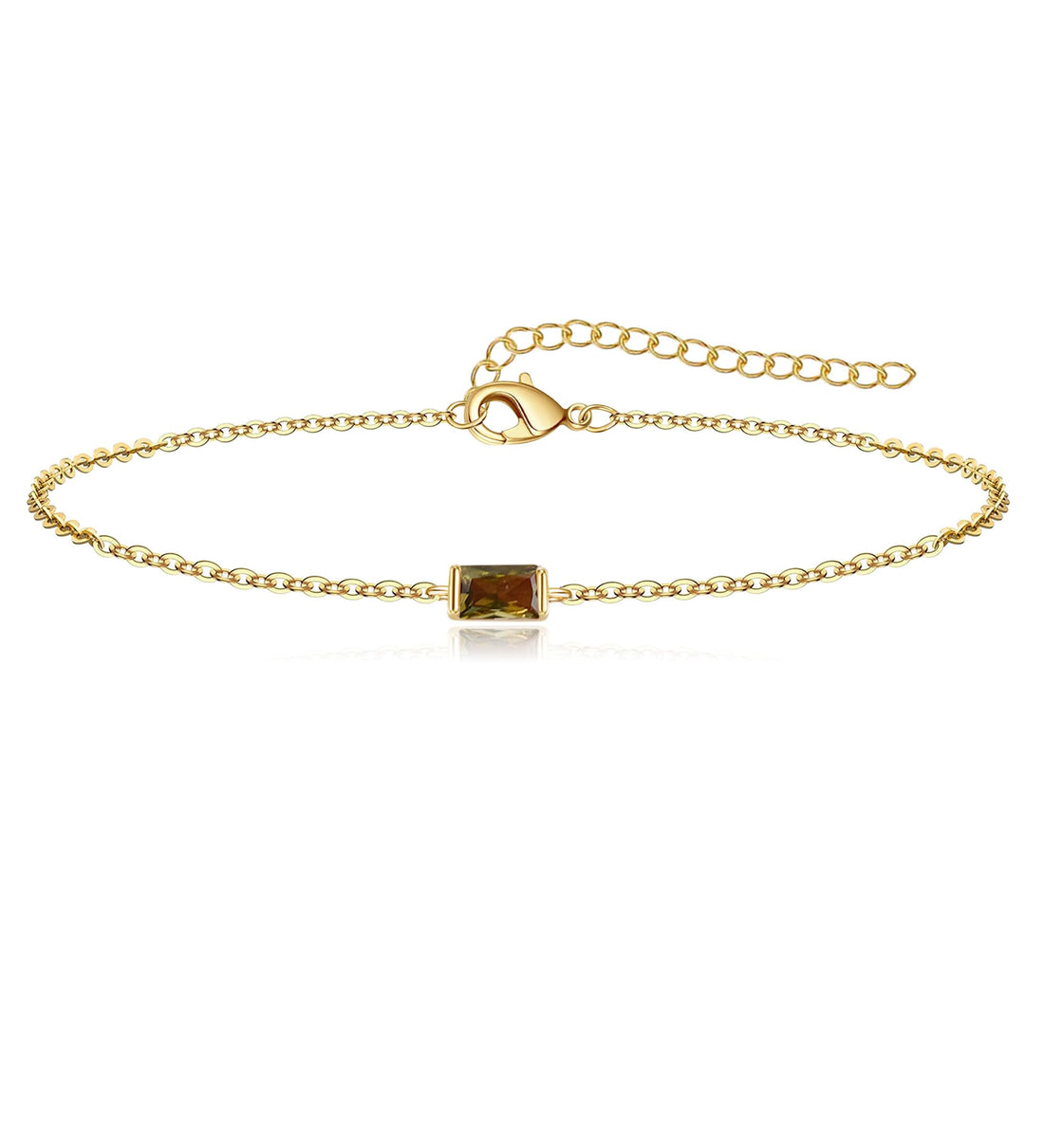 14K gold plated August birthstone baguette bracelet with peridot CZ stones on cream background