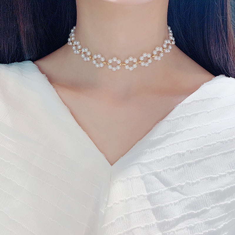 Pearl & Rhinestone Tassel Choker Necklace