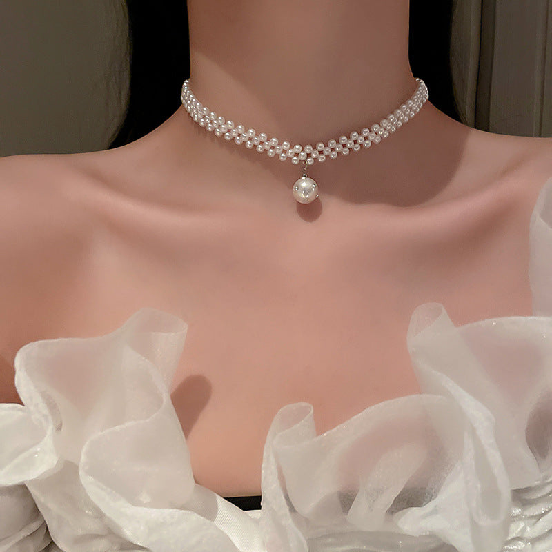 Pearl & Rhinestone Tassel Choker Necklace