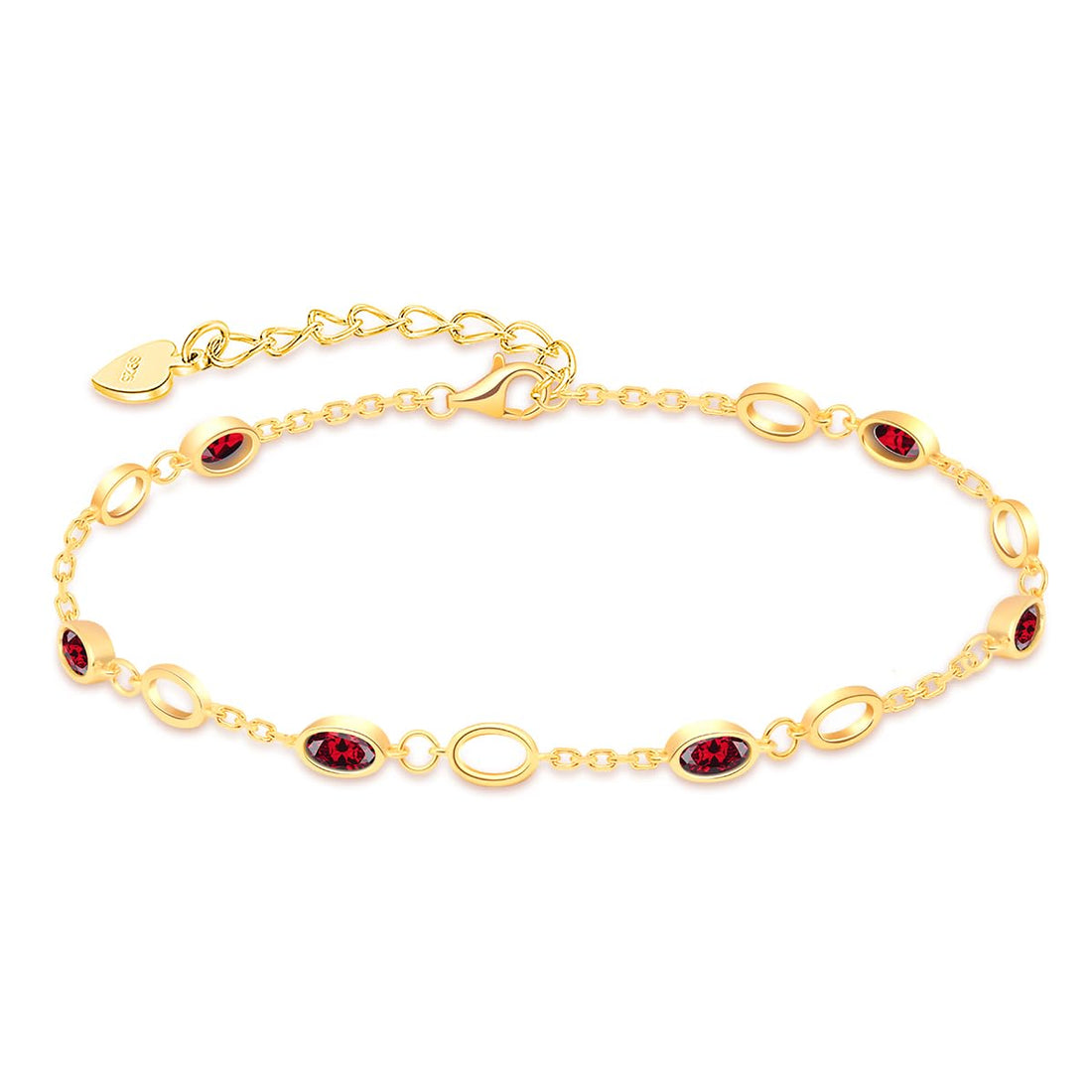 925 gold-plated silver July birthstone charm bracelet with oval ruby CZ stones on cream background