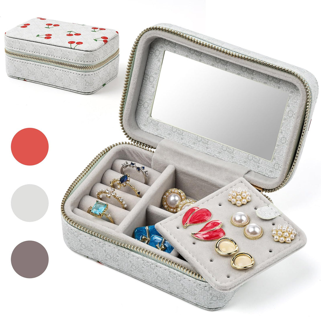 Cherry print travel jewelry organizer with mirror