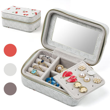 Cherry print travel jewelry organizer with mirror