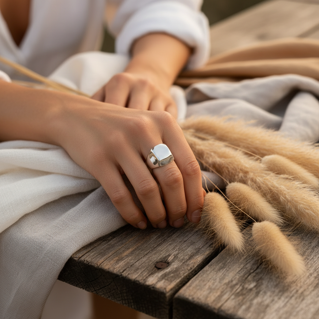 Chunky wide band stainless steel ring in silver – view 7