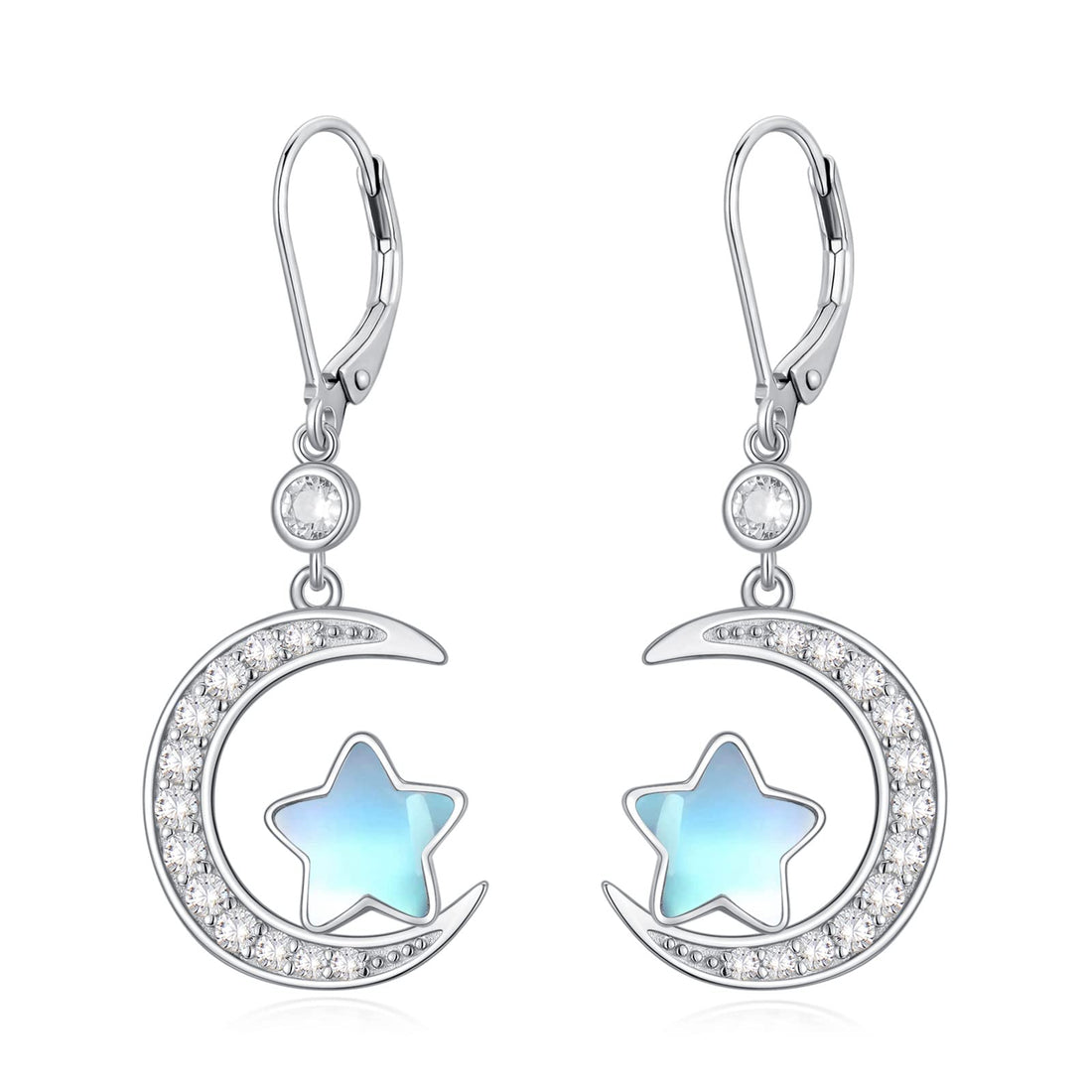 Moonstone star set in a pave crescent moon, sterling silver leverback drop earrings