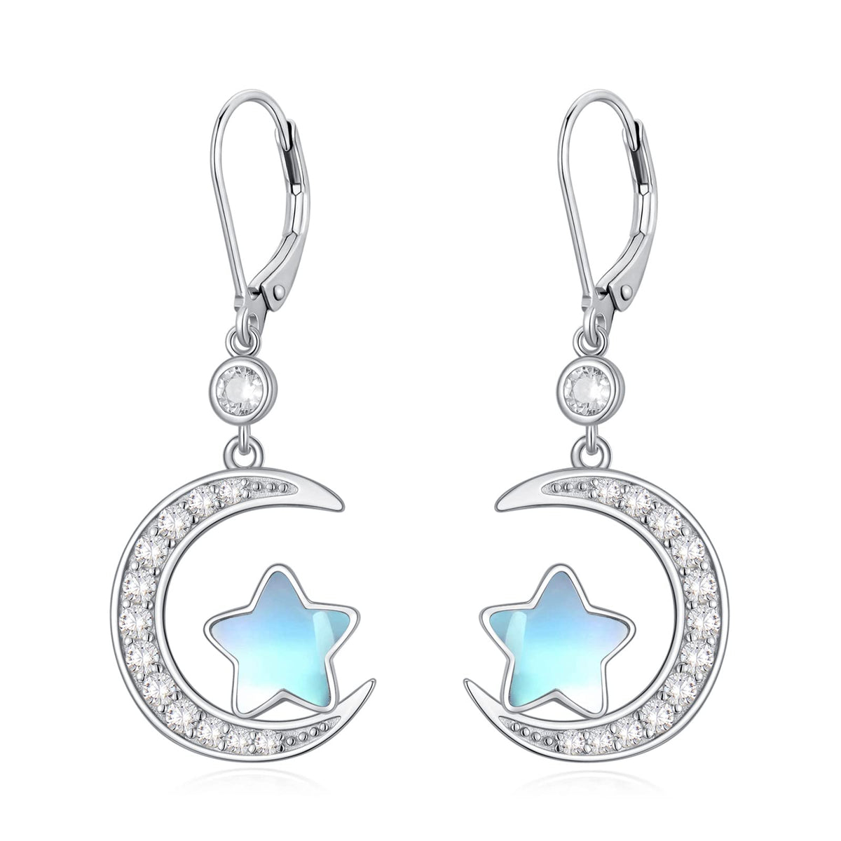 Moonstone star set in a pave crescent moon, sterling silver leverback drop earrings