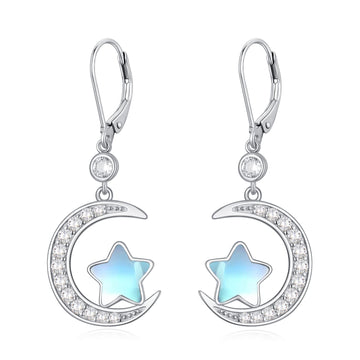 Moonstone star set in a pave crescent moon, sterling silver leverback drop earrings