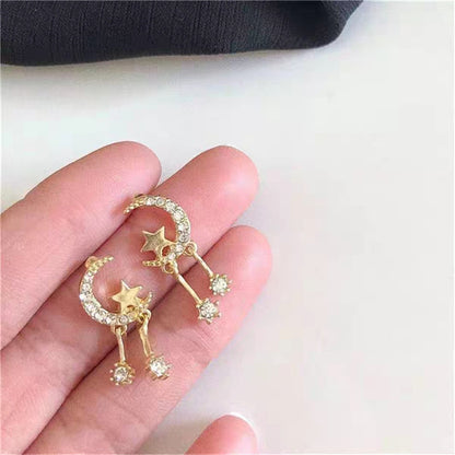 Silver Moon & Star Stud Earrings – Minimalist Zircon Celestial Earrings