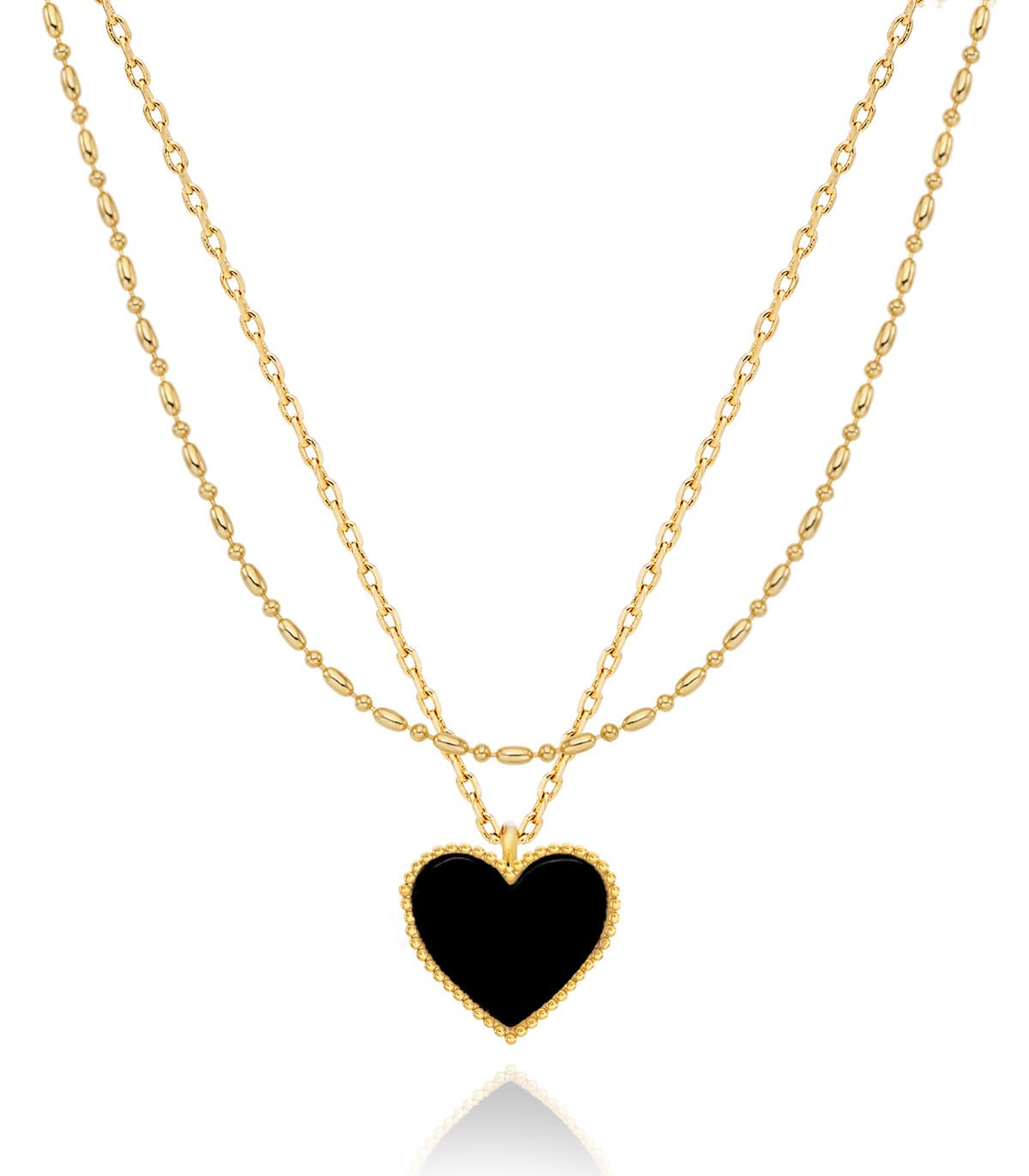 14K gold-plated layered necklace with onyx black heart pendant – view 5