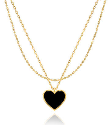 14K gold-plated layered necklace with onyx black heart pendant – view 5