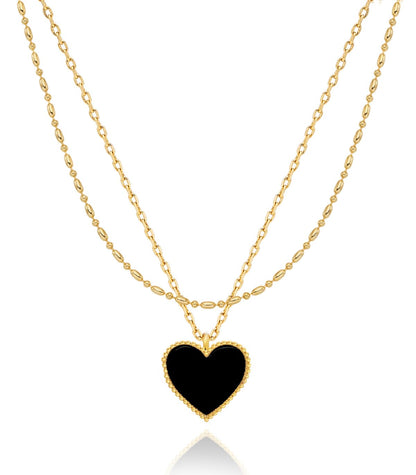 14K Gold Plated Layered Necklace with Onyx Black Heart Pendant