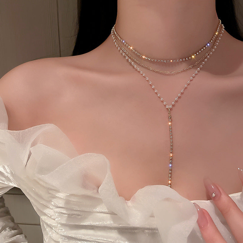 Pearl & Rhinestone Tassel Choker Necklace