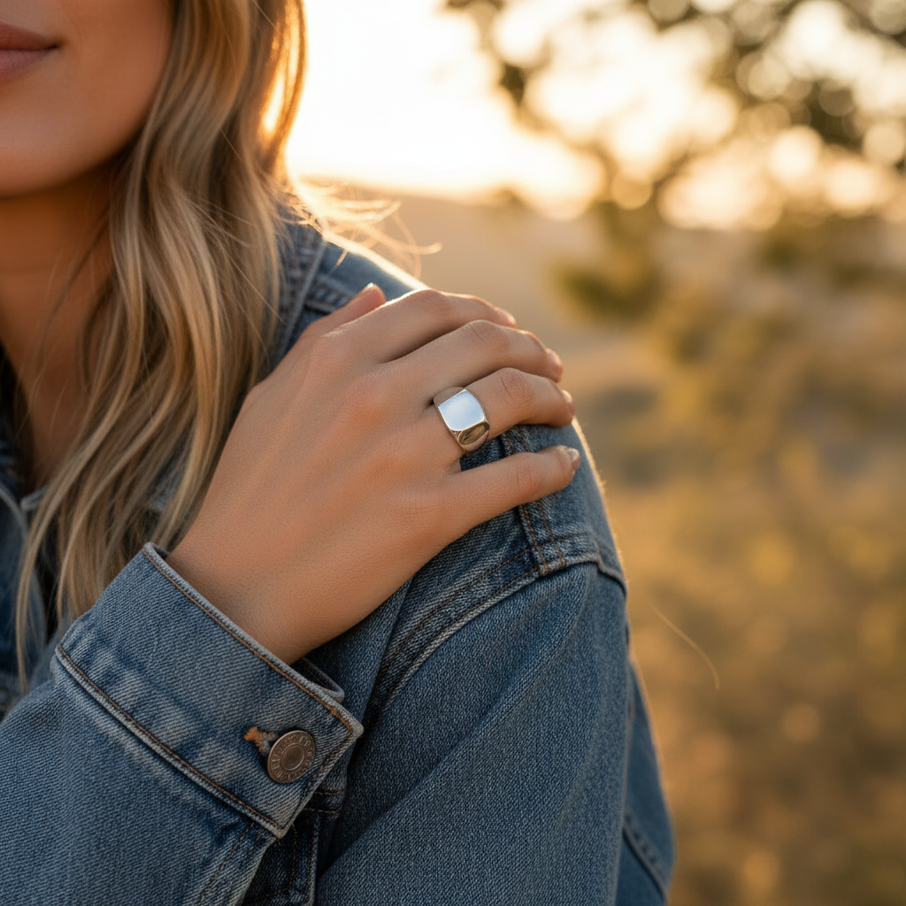 Chunky wide band stainless steel ring in silver – view 2