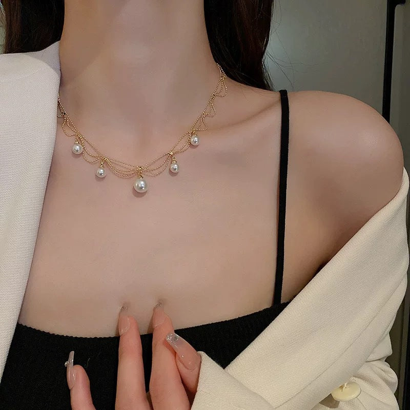 Pearl & Rhinestone Tassel Choker Necklace