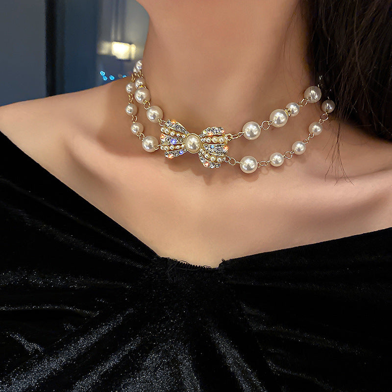 Pearl & Rhinestone Tassel Choker Necklace