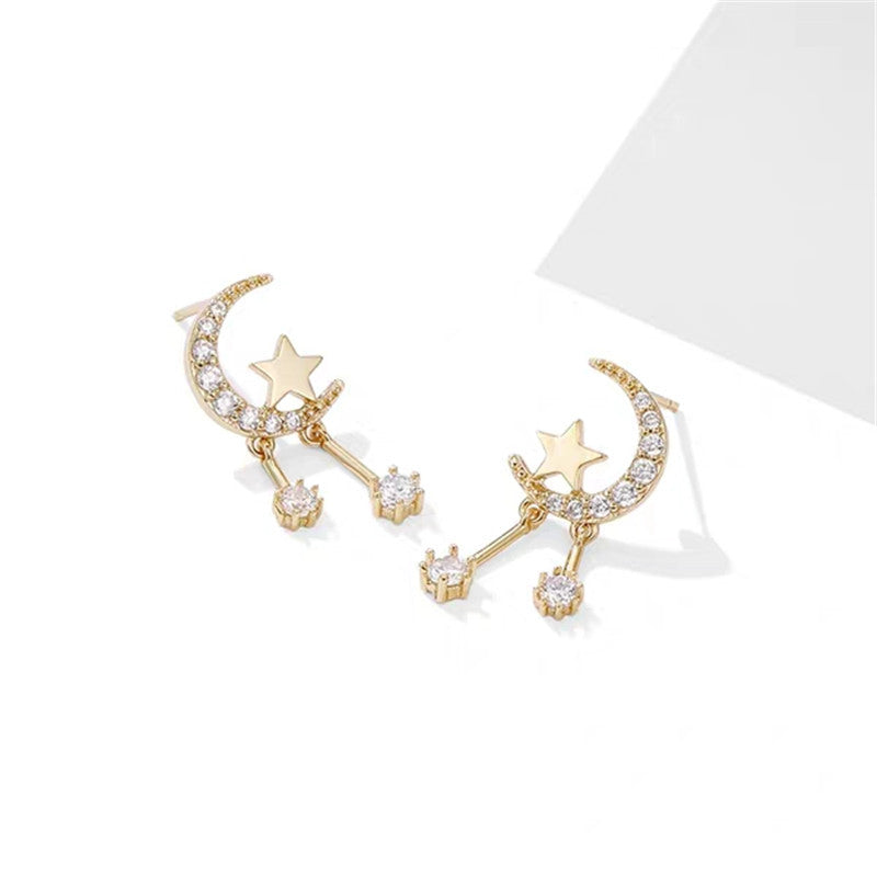 Silver Moon & Star Stud Earrings – Minimalist Zircon Celestial Earrings