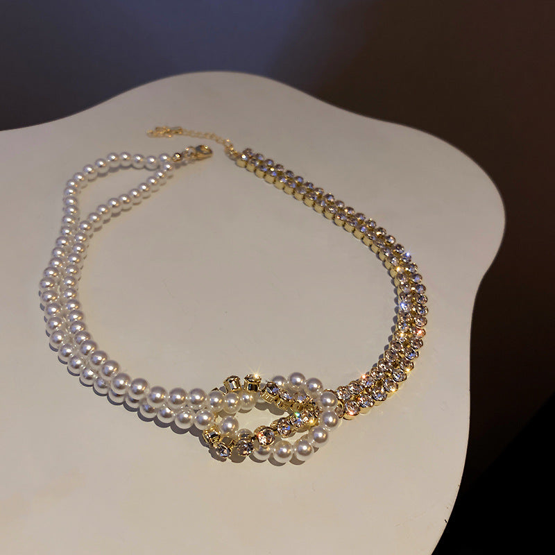 Pearl & Rhinestone Tassel Choker Necklace