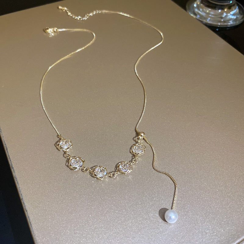 Pearl & Rhinestone Tassel Choker Necklace